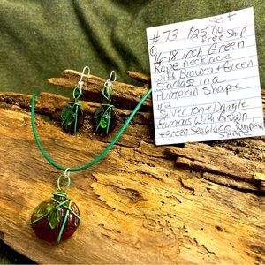 Necklace and earring set green rope and silver tone with brown &green sea glass